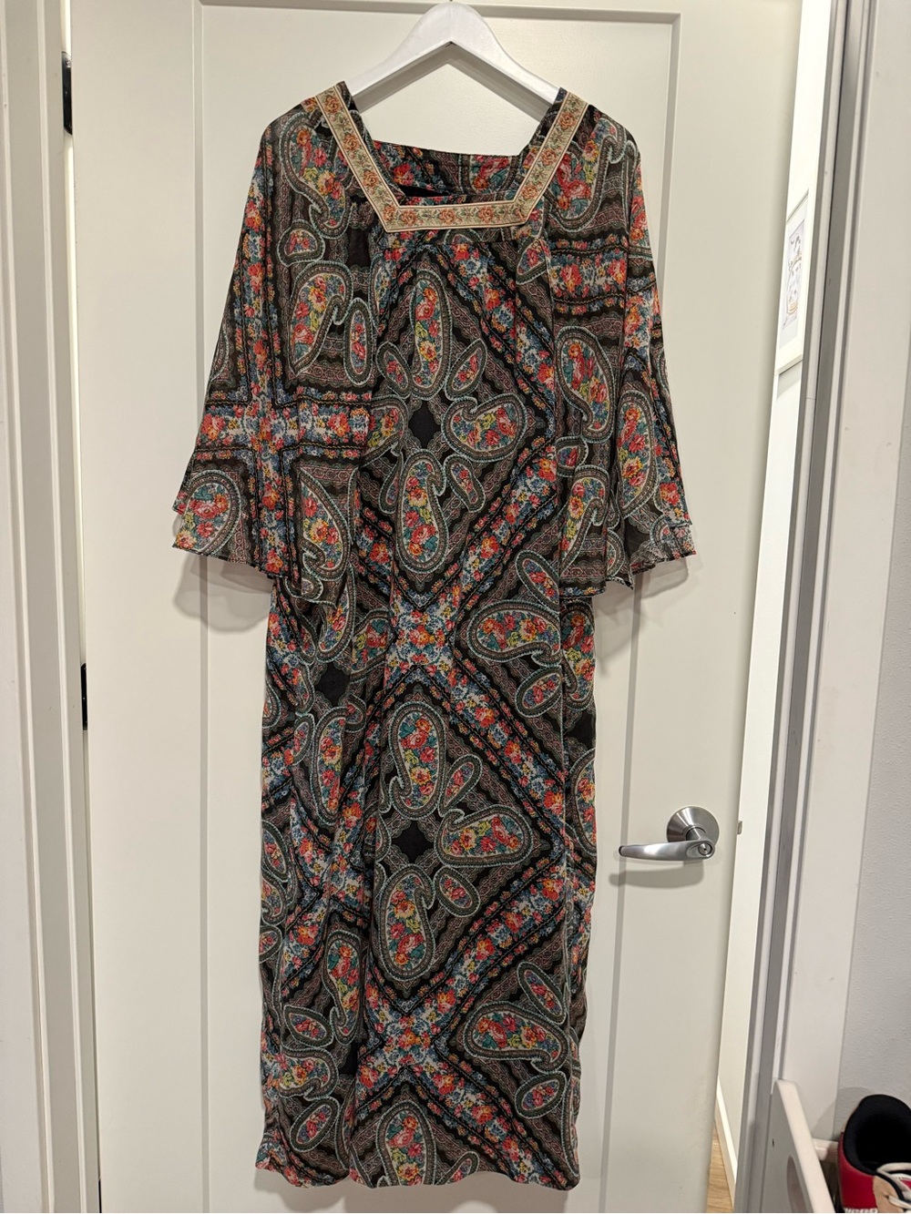 Vintage Bohemian Paisley Maxi Dress - Black with Multicolor Floral Print